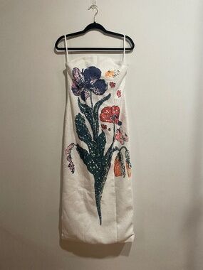 NWT Dalia MacPhee Strapless Floral Multicolor Midi Dress Womens Small